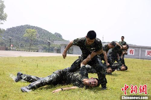 7月26日，武警官兵们进行摔擒对抗训练。 <a target='_blank' href='http://www.chinanews.com/'></table>中新社</a>记者 刘治乾 摄